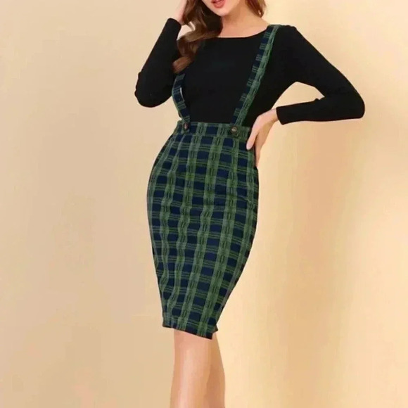Forever 21 pinafore suspender plaid pencil skirt midi Sz small - Picture 8 of 8
